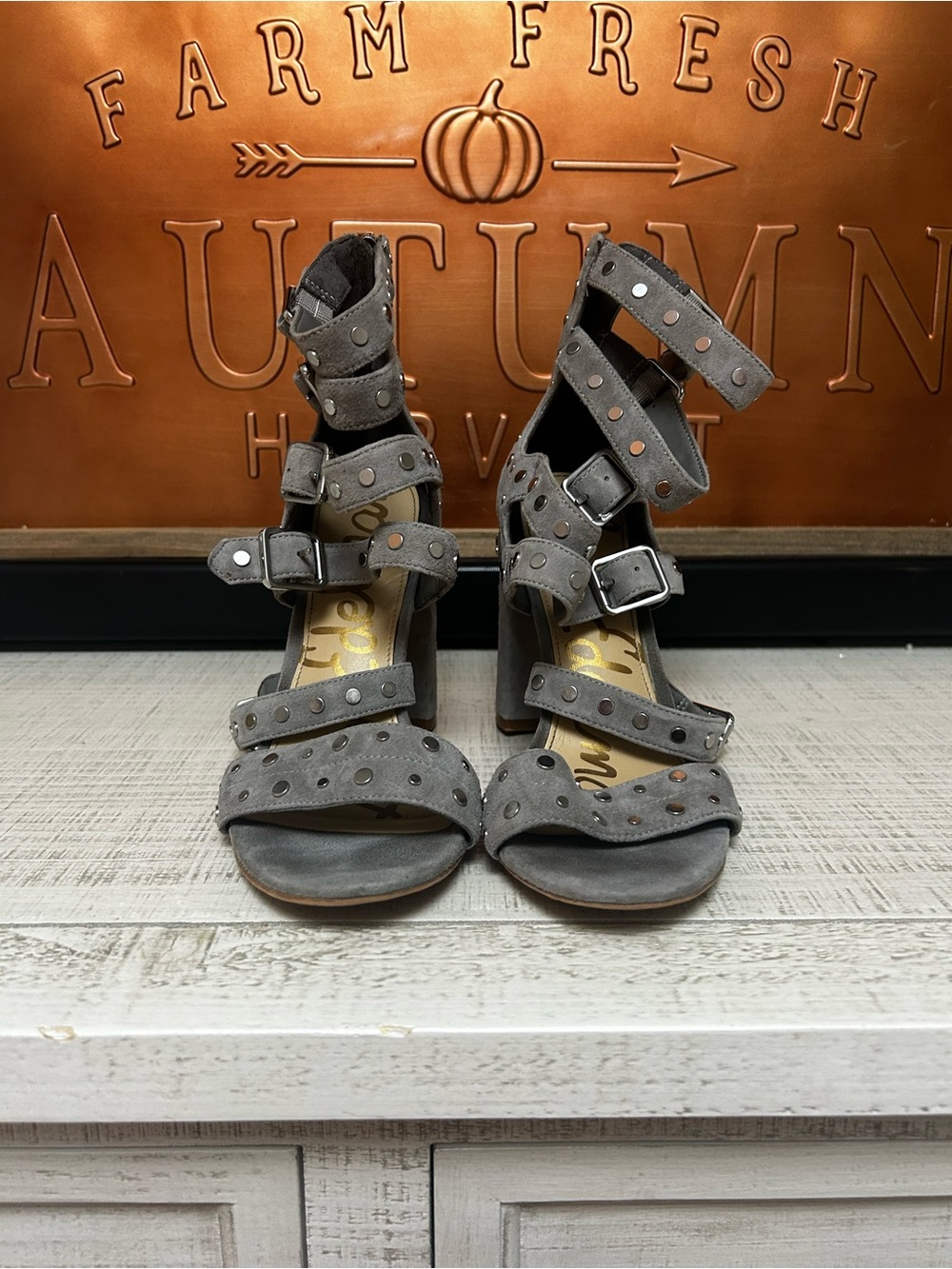 Sam Edelman Gray Studded Multi-Strap Block Heel Sandals